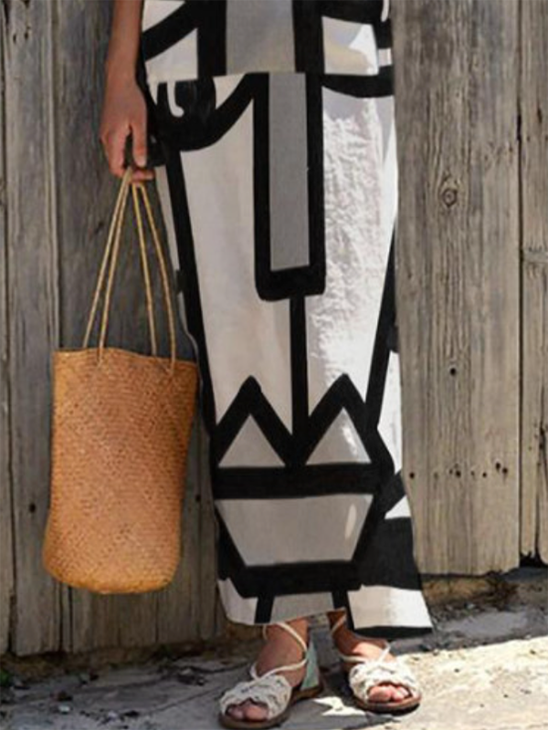 Casual Loose Half Sleeves Contrast Color Printed V-Neck Maxi Dresses