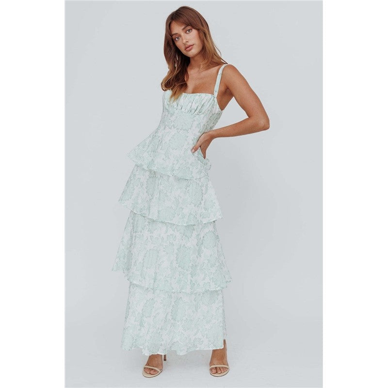 Slim Fit Waist Floral Print Long Strapless Dress