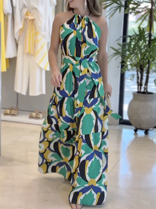 All-Match Geometric Tied Waist High Waisted Maxi Dresses