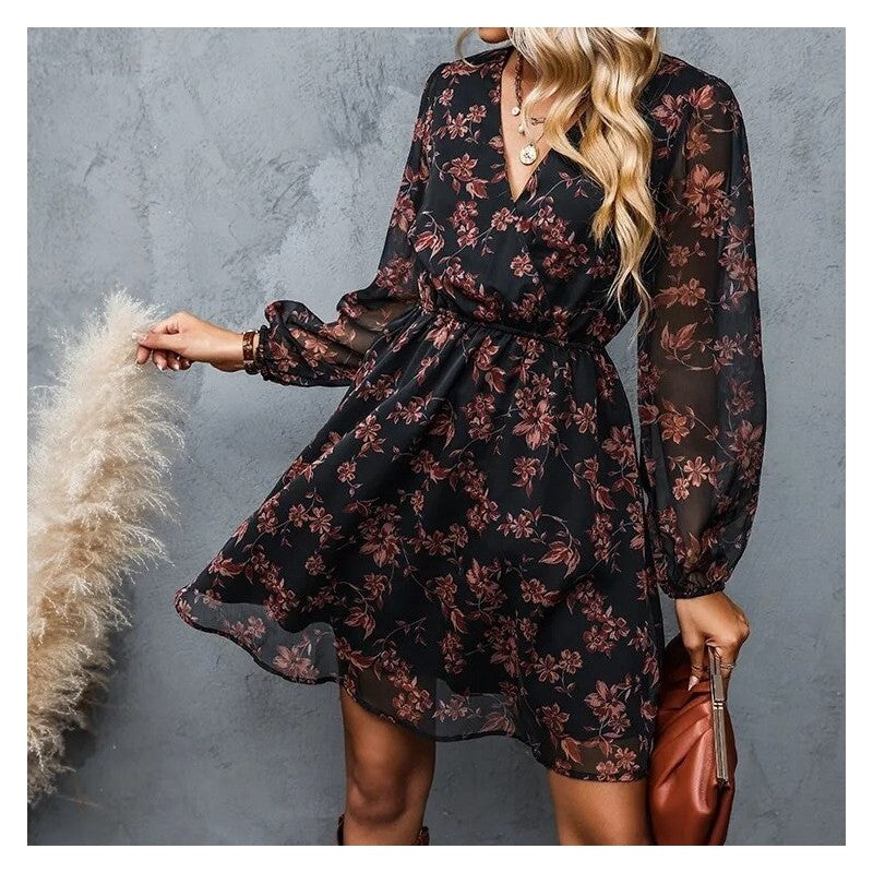 V-Neck Long Sleeve Floral Short Dress