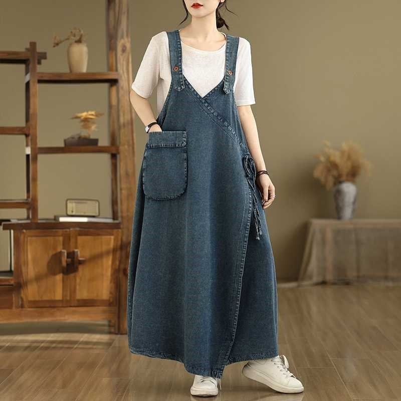Relaxed Solid Denim Overall Dress