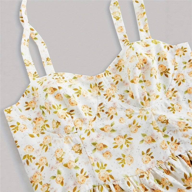 Backless High Waist Floral Print Strapless Dress