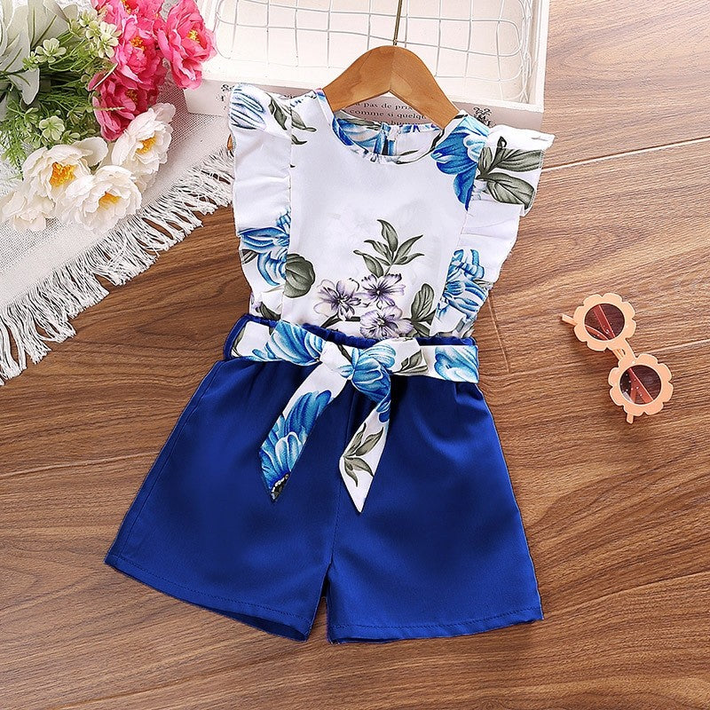 Printed Hanging Neck Top Shorts Girl's Set