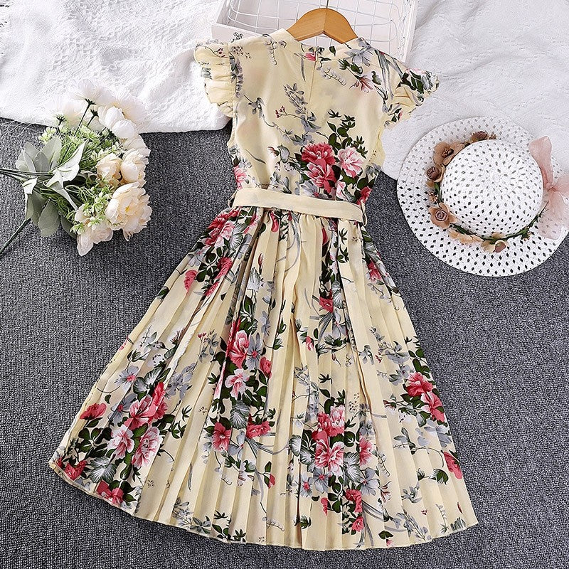 Girls' Printed Dash Sleeve Lace-Up Dress