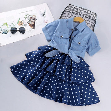 Denim Short Sleeve Jacket Suspender Skirt Girl's Set