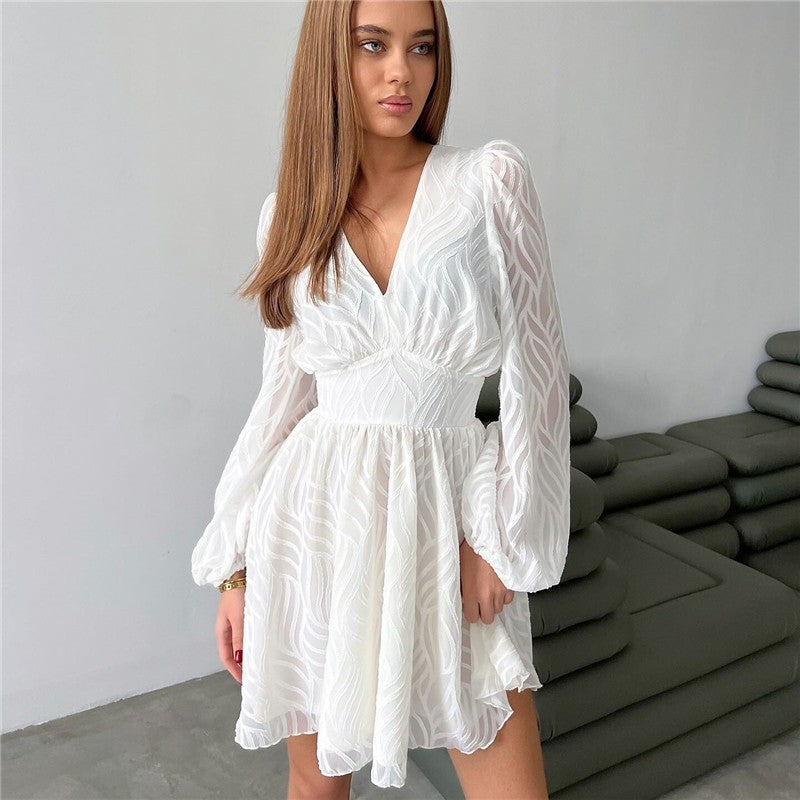 V Neck Floral Embroidered Waist A Line Dress