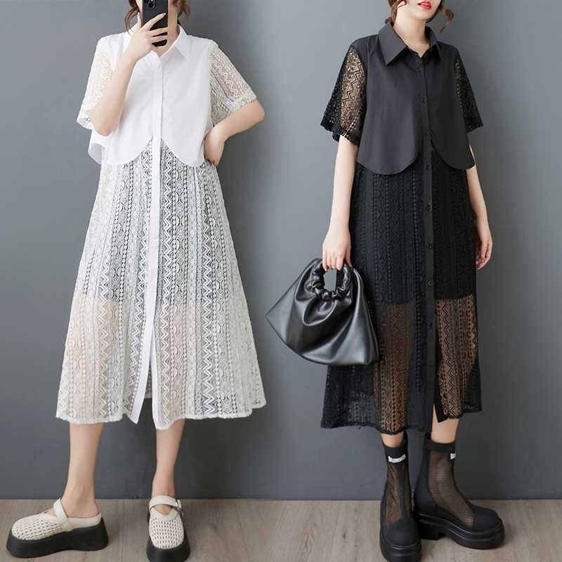 Lace Trim Loose Shirt Dress