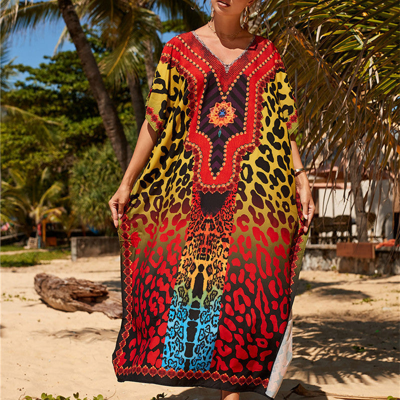Short Sleeves Tie-Dyed Split Maxi Dress