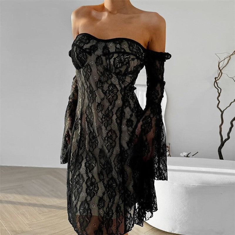 Lace Long Sleeve A Line Short Dress