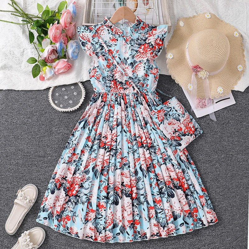 Fly Sleeve Printed Pleated Princess Dress