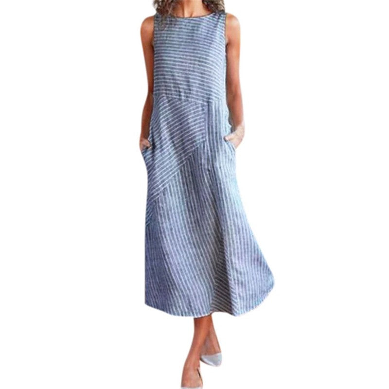 Striped Sleeveless Slim Long Dress