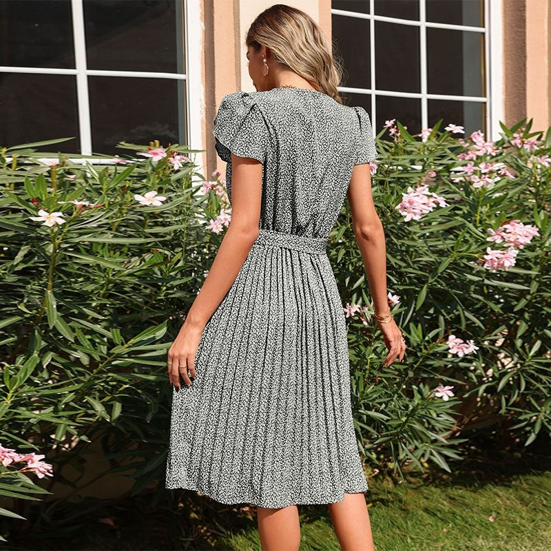 Summer Green Printed Pleated V-Neck Boho Dress