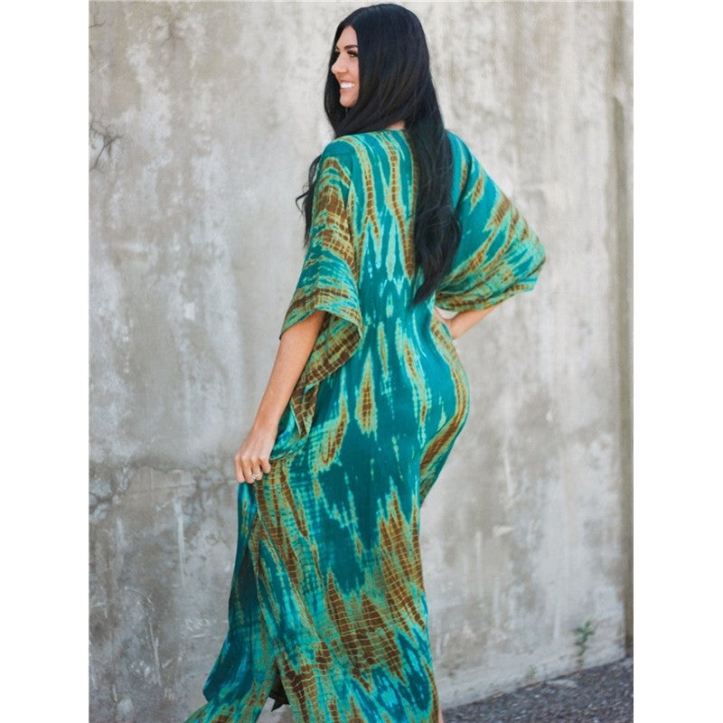 Half Sleeves V-Neck Tie-Dyed Maxi Dress