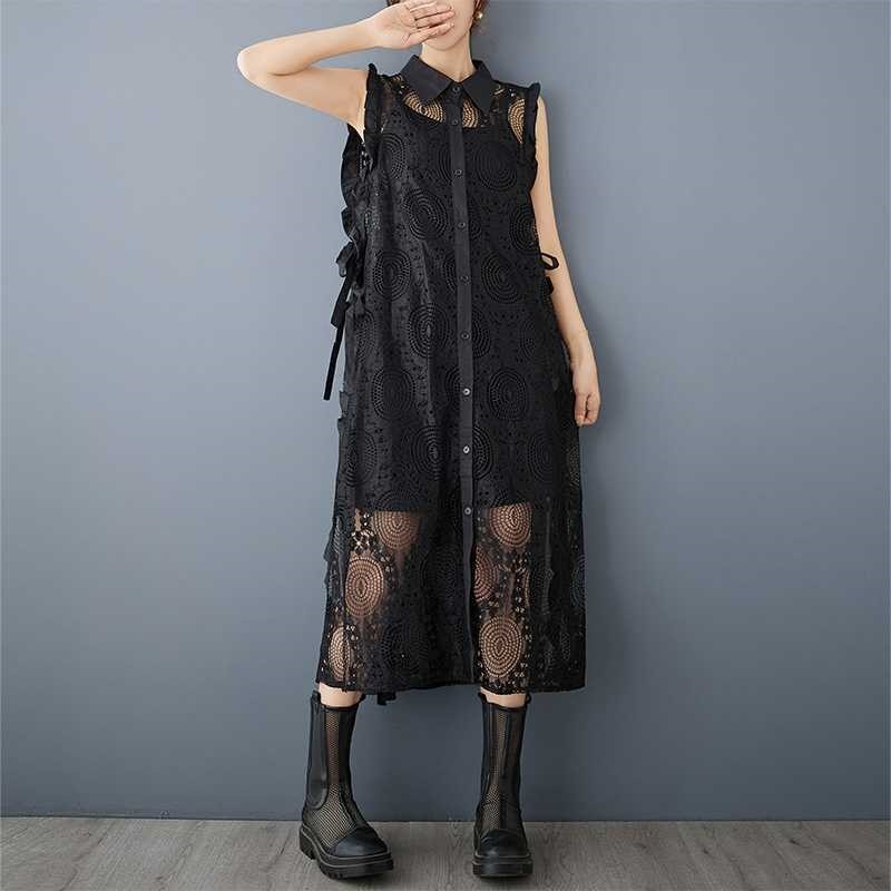 Lace Vest Double-Breasted Shirt Dress With Straps