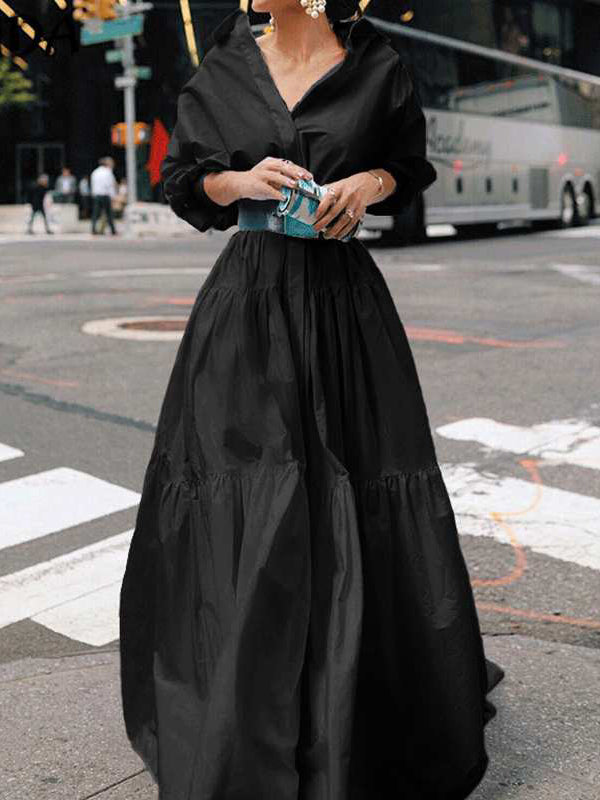 Long Sleeves Loose Belted Pleated Solid Color Lapel Maxi Dresses Shirt Dress