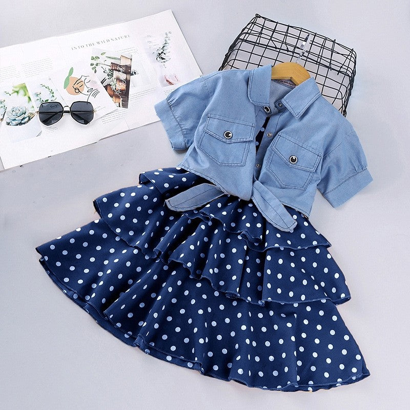 Cowboy Short Sleeve Polka Dot Dress Girl's Set
