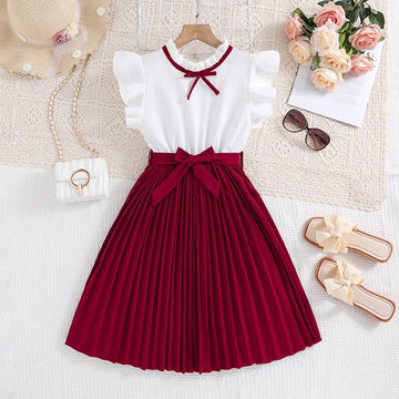 Girl's Fashionable Bow Flying Sleeve Colorblocking Princess Dresses