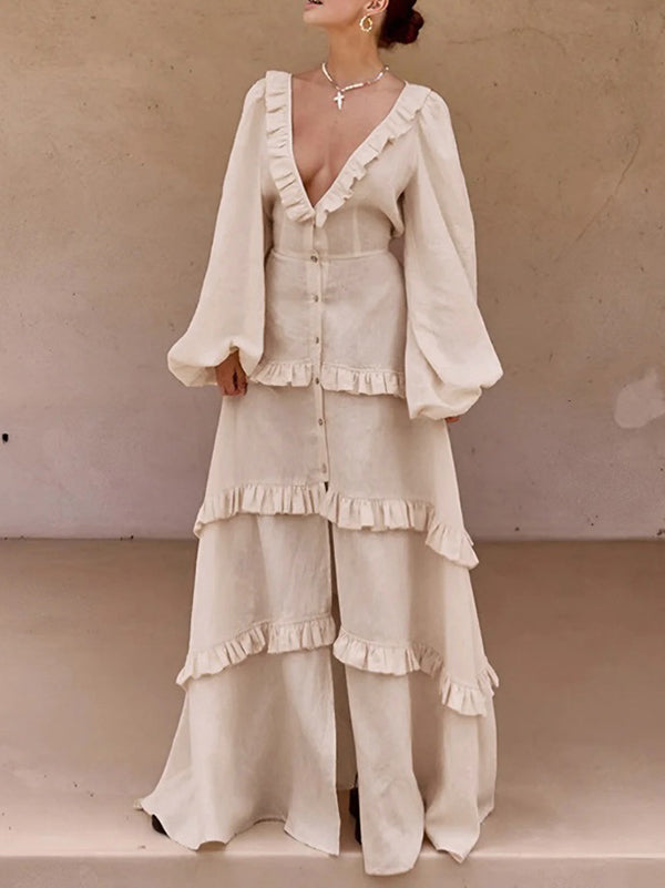 A-Line Long Sleeves Buttoned Elasticity Pleated Ruffle Trim Solid Color Split-Joint Tied Waist Deep V-Neck Maxi Dresses