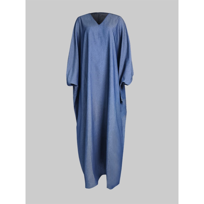 Batwing Sleeves Loose Solid Color Split-Joint V-neck Maxi Dresses
