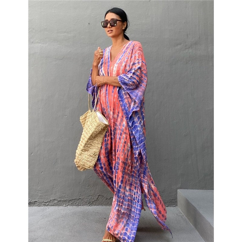 Half Sleeves V-Neck Tie-Dyed Maxi Dress
