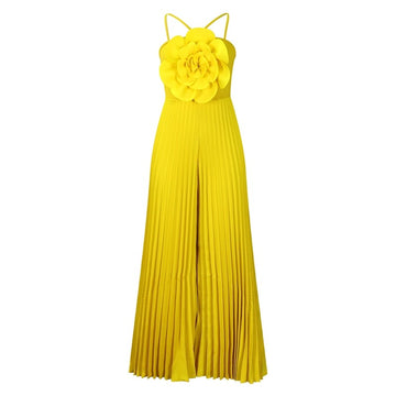 Solid Color 3D Flower Decorated Pleated Sleeveless Jumpsuit