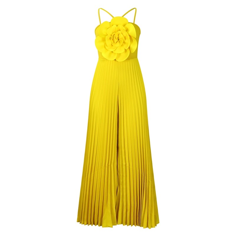 Solid Color 3D Flower Decorated Pleated Sleeveless Jumpsuit