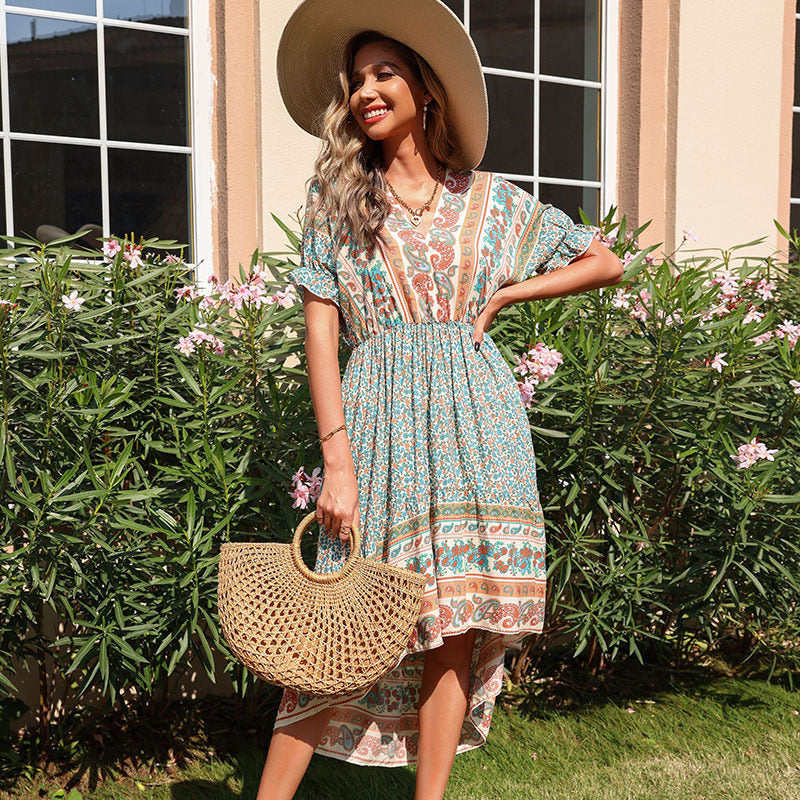Ruffled V-Neck Printed Midi Dress