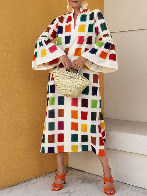 Flared Sleeves Multi-Colored Plaid Split-Joint V-neck Maxi Dresses Midi Dresses