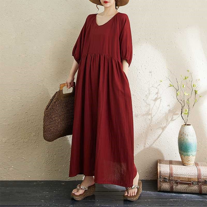 Double Gauze Round Neck Lantern Sleeve Loose Dress