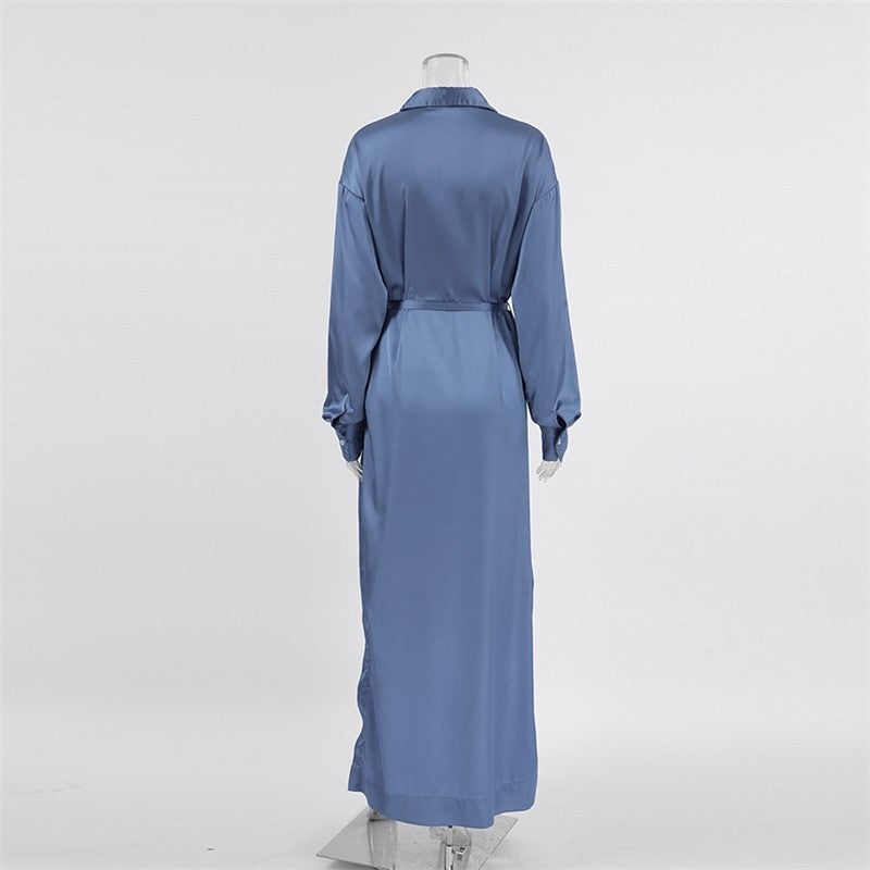 Solid Satin Belted A Line Shirt Dress