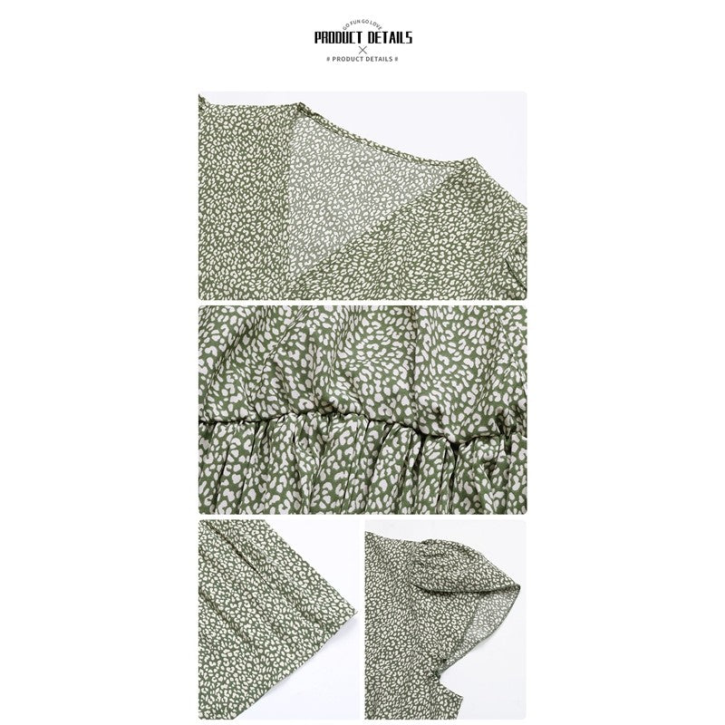 Summer Green Printed Pleated V-Neck Boho Dress