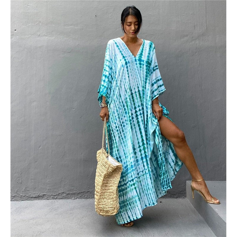 Half Sleeves V-Neck Tie-Dyed Maxi Dress