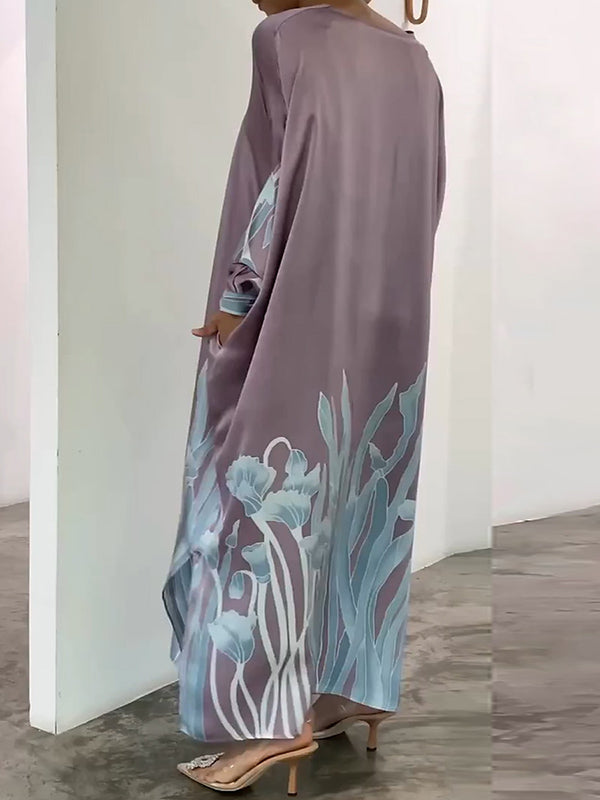 Long Sleeves Buttoned Contrast Color Flower&Leaves Print Muslim V-Neck Midi Dresses