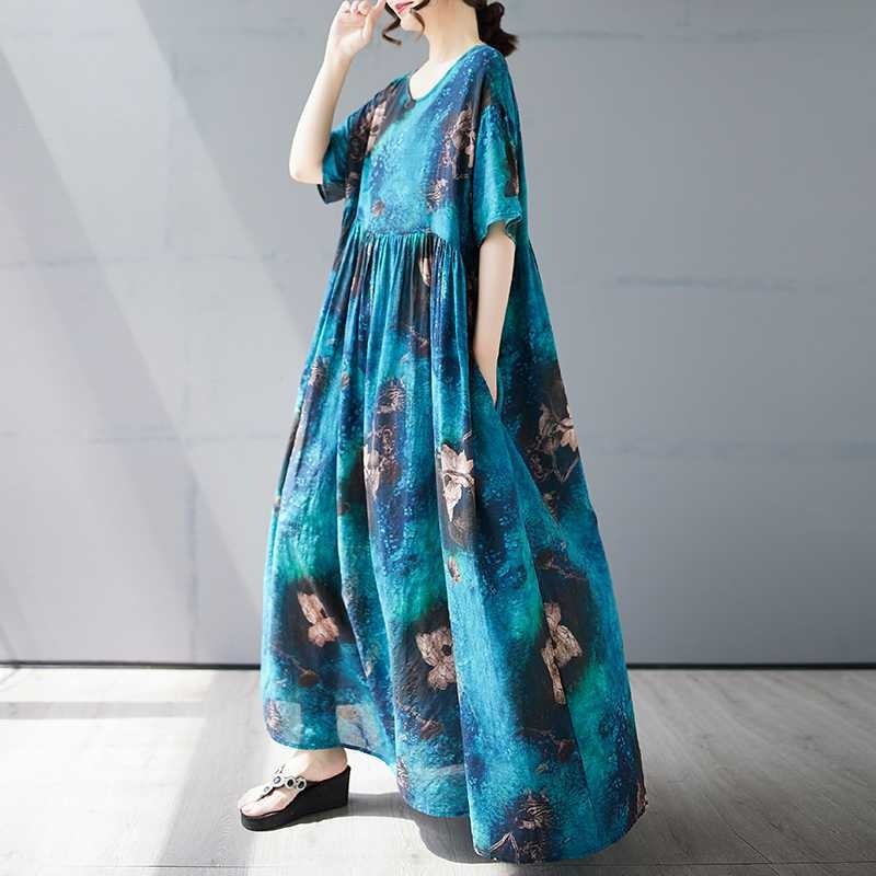Loose Short Sleeve Round Neck Print Dress