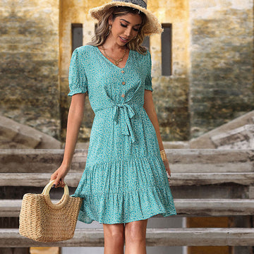 Puff Sleeves V-Neck Printed Mini Dress