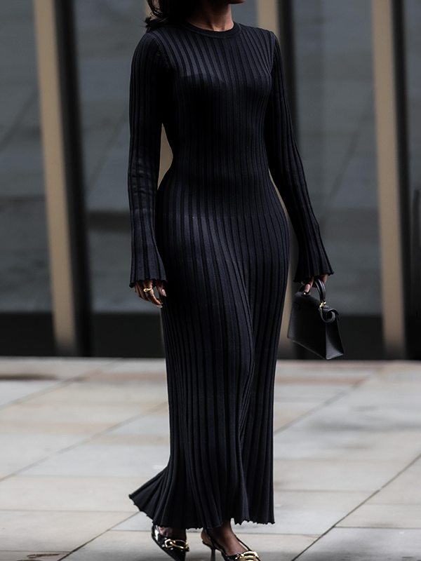 Bodycon High Waisted Pleated Solid Color Round-Neck Maxi Dresses