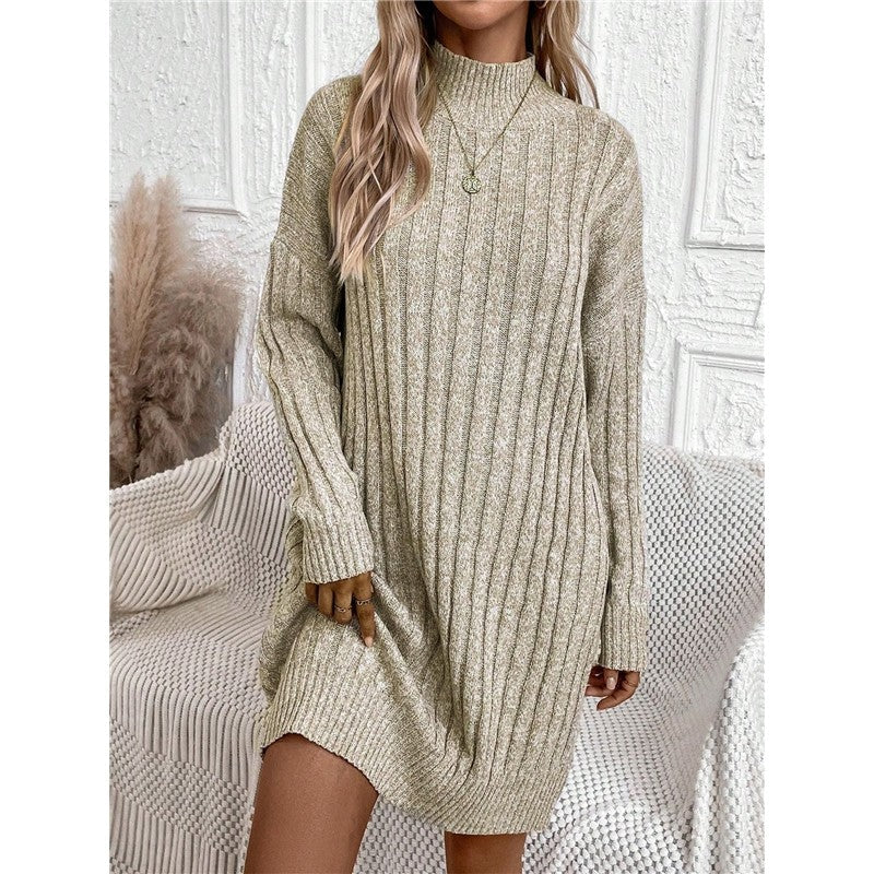 Solid Color High Neck Long Sleeve Knit Bodycon Dress
