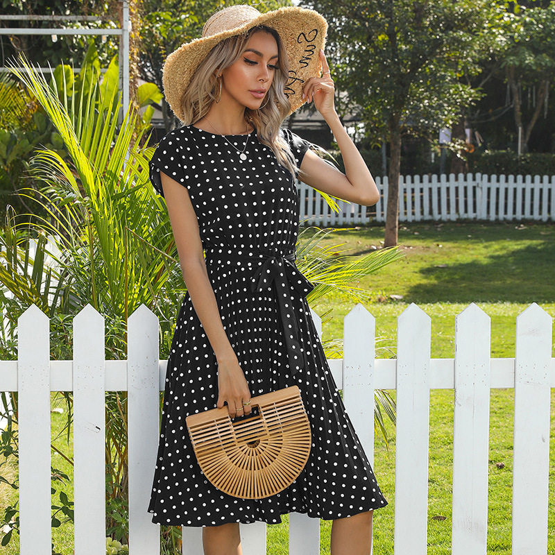 Polka-Dot Short-Sleeve Lace-Up Boho Dress