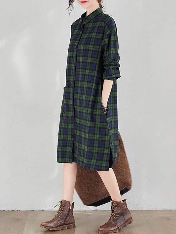 Original Plaid Lapel Shirt Dress-STYLEGOING