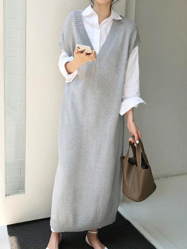 Knitting Loose V-Neck Sleeveless Long Dress-STYLEGOING