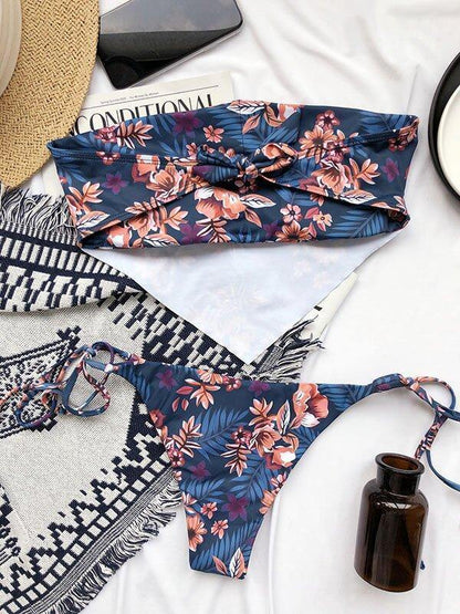 New Floral Bandage Bandeau Tie Side Split Bikini-STYLEGOING