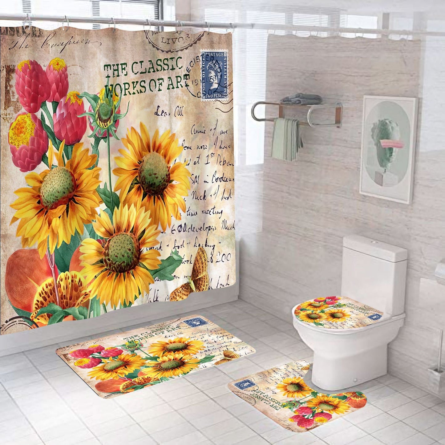 Vintage Sunflowers Shower Curtain Sets Rug & Mat Non-Slip Toilet Lid Cover