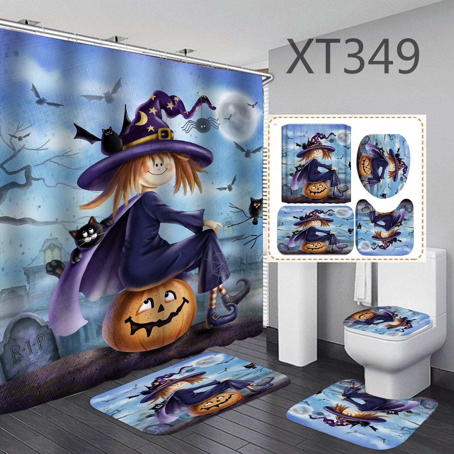 Halloween 3D Print Shower Curtain Bathroom Rug Set Bath Mat Non-Slip Toilet Lid Cover-STYLEGOING