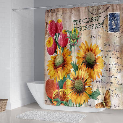 Vintage Sunflowers Shower Curtain Sets Rug & Mat Non-Slip Toilet Lid Cover