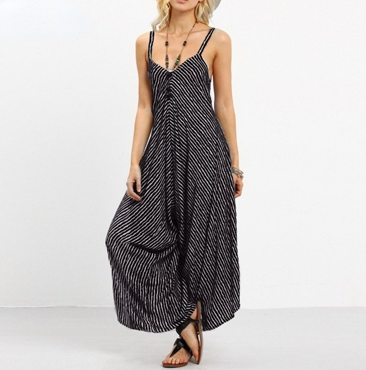 Women Black&white Striped Loose Jumpsuits-STYLEGOING