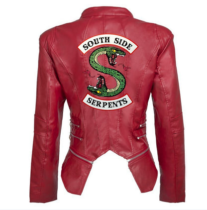 Women PU Leather Zipper Short Jacket Coat with Print