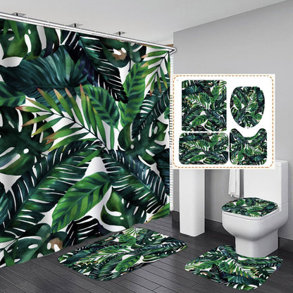 3D Palm Tree Shower Curtain Set Bathroom Rug Bath Mat Non-Slip Toilet Lid Cover