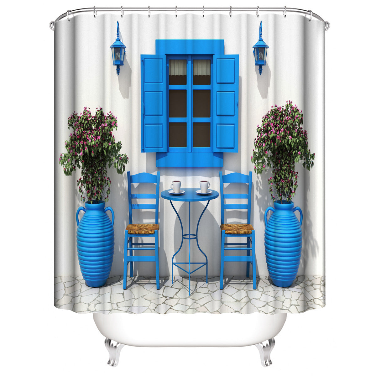 Blue Window&White Wall Bathroom Fabric Shower Curtain Sets