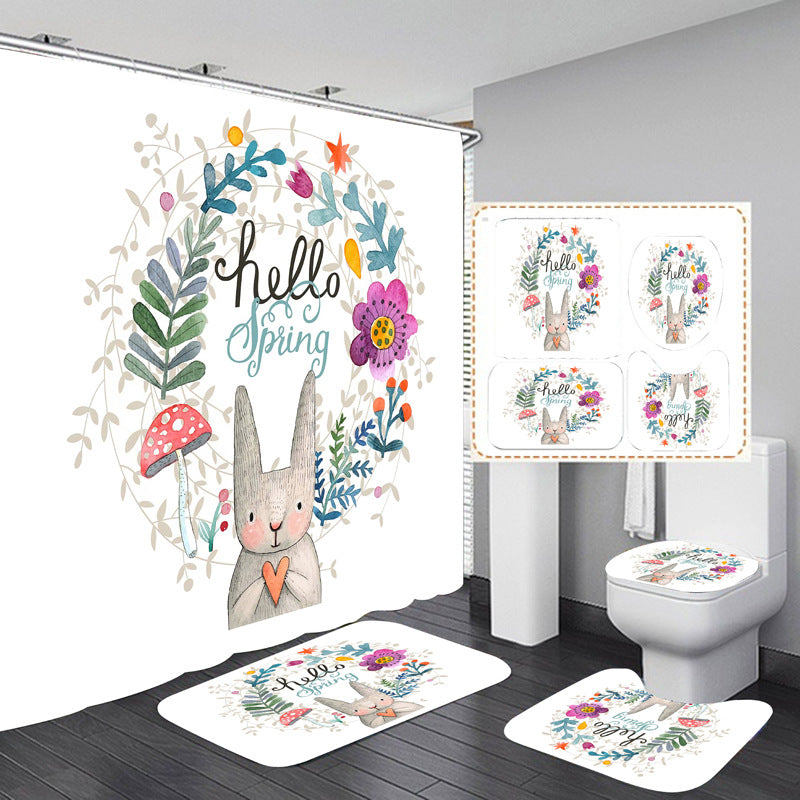 Colorful Animal Designed Shower Curtain Set Bathroom Rug Bath Mat Non-Slip Toilet Lid Cover