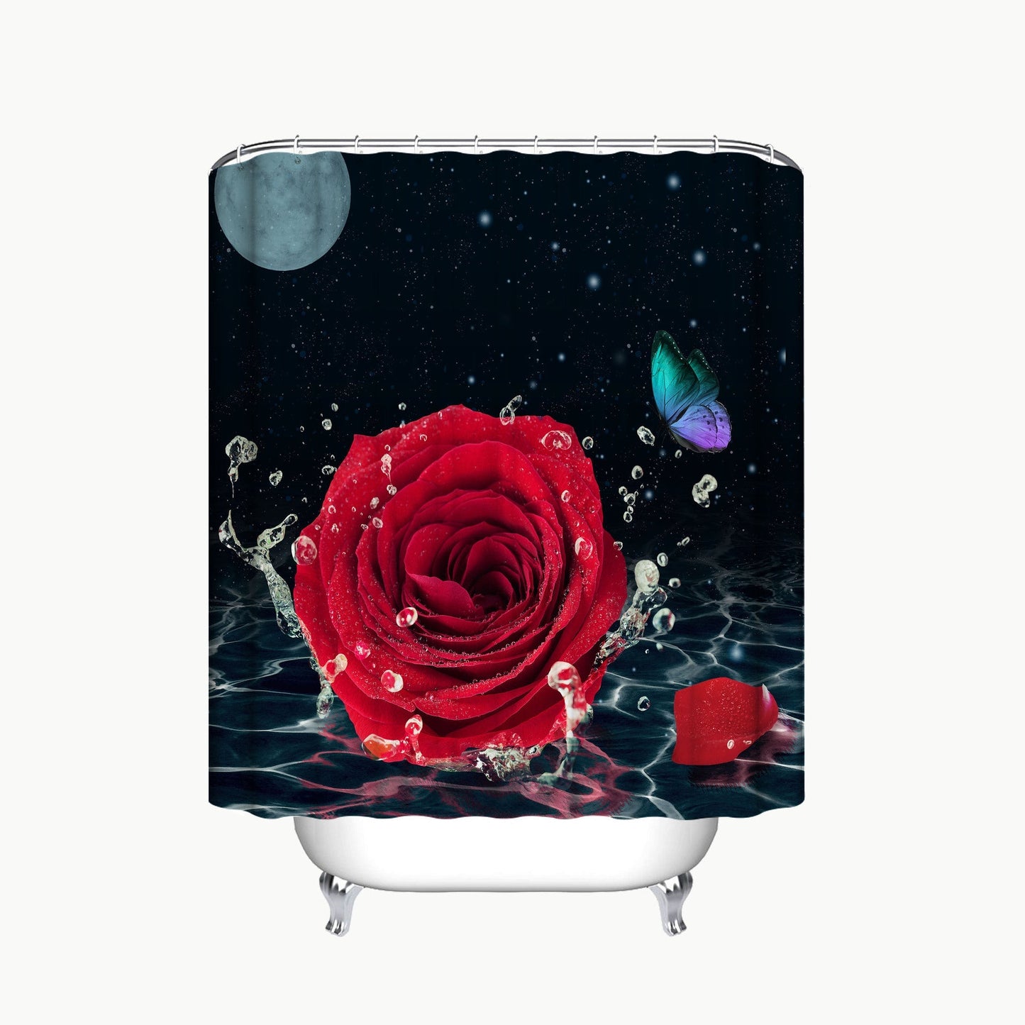 Red Rose&Butterfly Shower Curtain Sets Rug & Mat Non-Slip Toilet Lid Cover